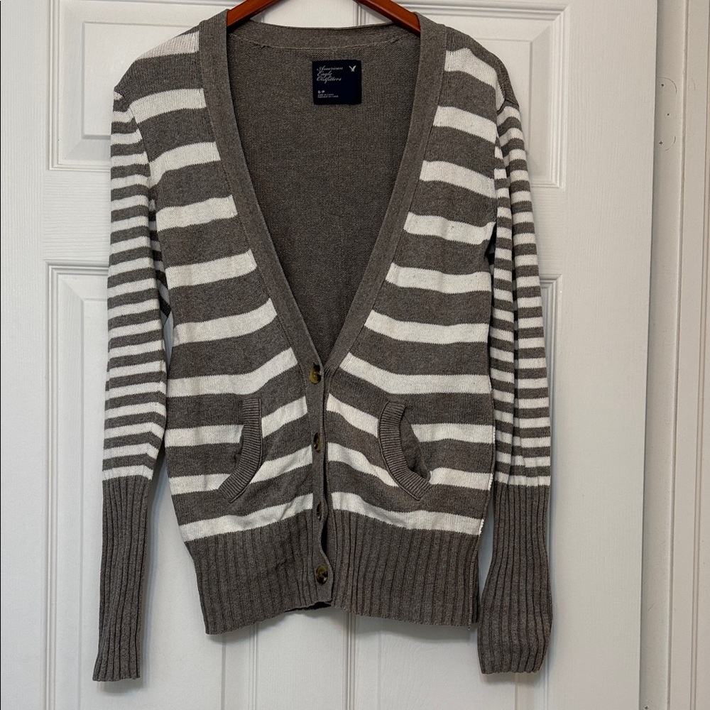 American Eagle Gray White Striped V Neck Cardigan